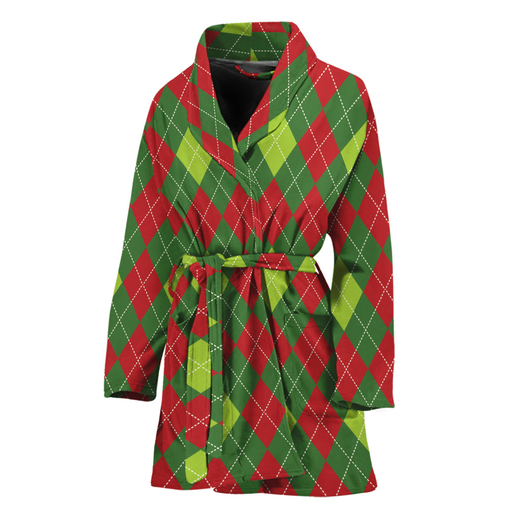Green And Red Christmas Argyle Print Women's Bathrobe