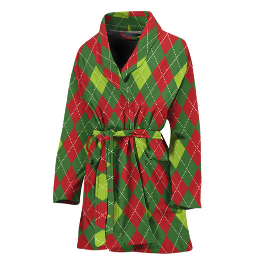 Green And Red Christmas Argyle Print Women's Bathrobe