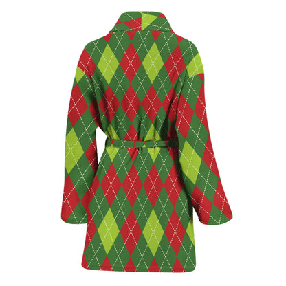 Green And Red Christmas Argyle Print Women's Bathrobe