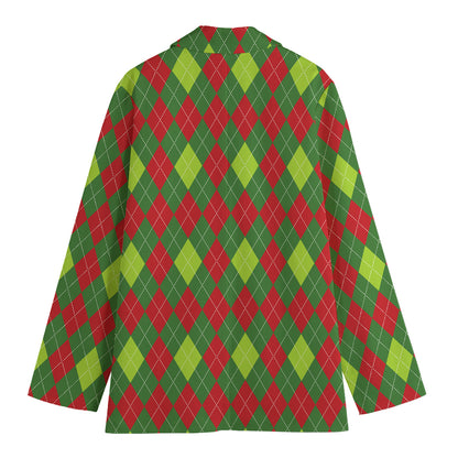 Green And Red Christmas Argyle Print Women's Blazer
