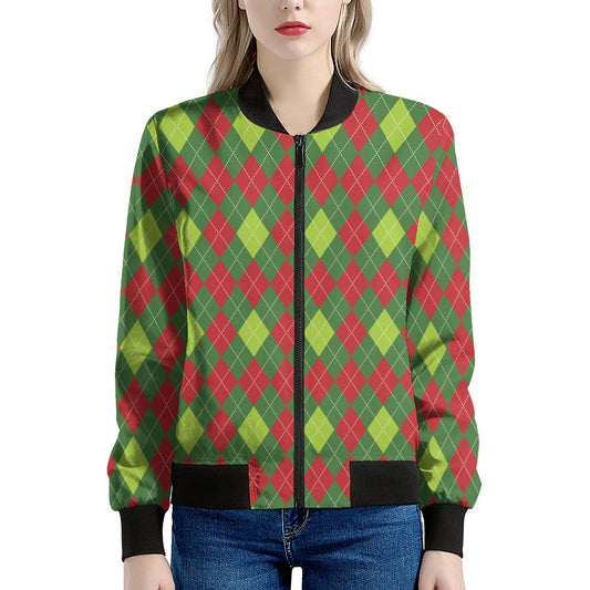 Green And Red Christmas Argyle Print Women's Bomber Jacket
