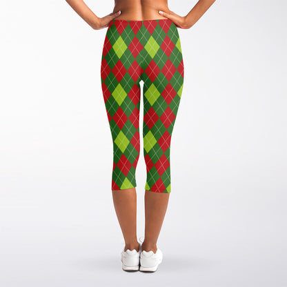 Green And Red Christmas Argyle Print Women's Capri Leggings