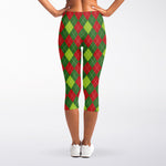 Green And Red Christmas Argyle Print Women's Capri Leggings