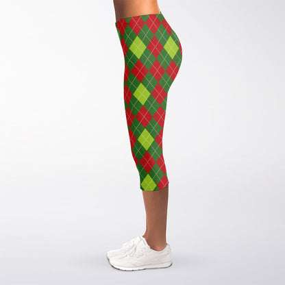 Green And Red Christmas Argyle Print Women's Capri Leggings