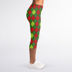 Green And Red Christmas Argyle Print Women's Capri Leggings
