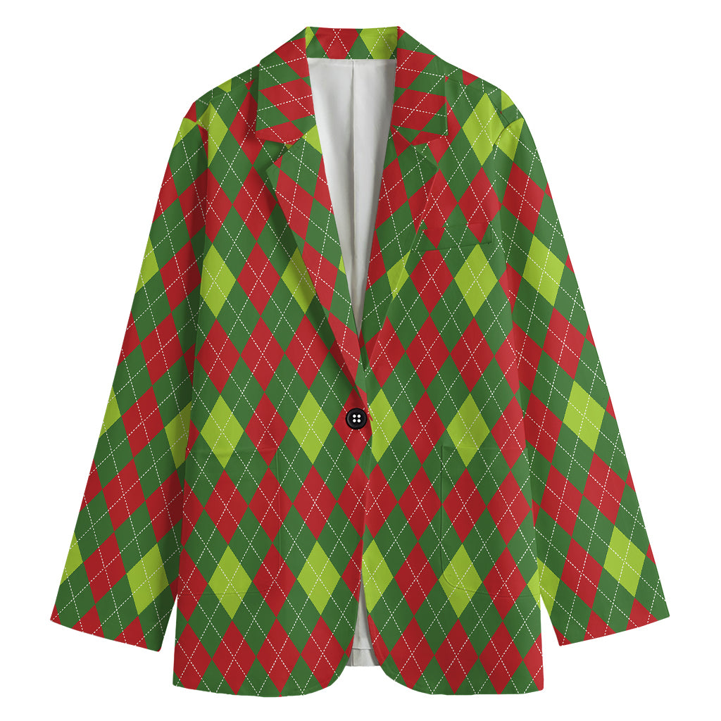 Green And Red Christmas Argyle Print Women's Cotton Blazer
