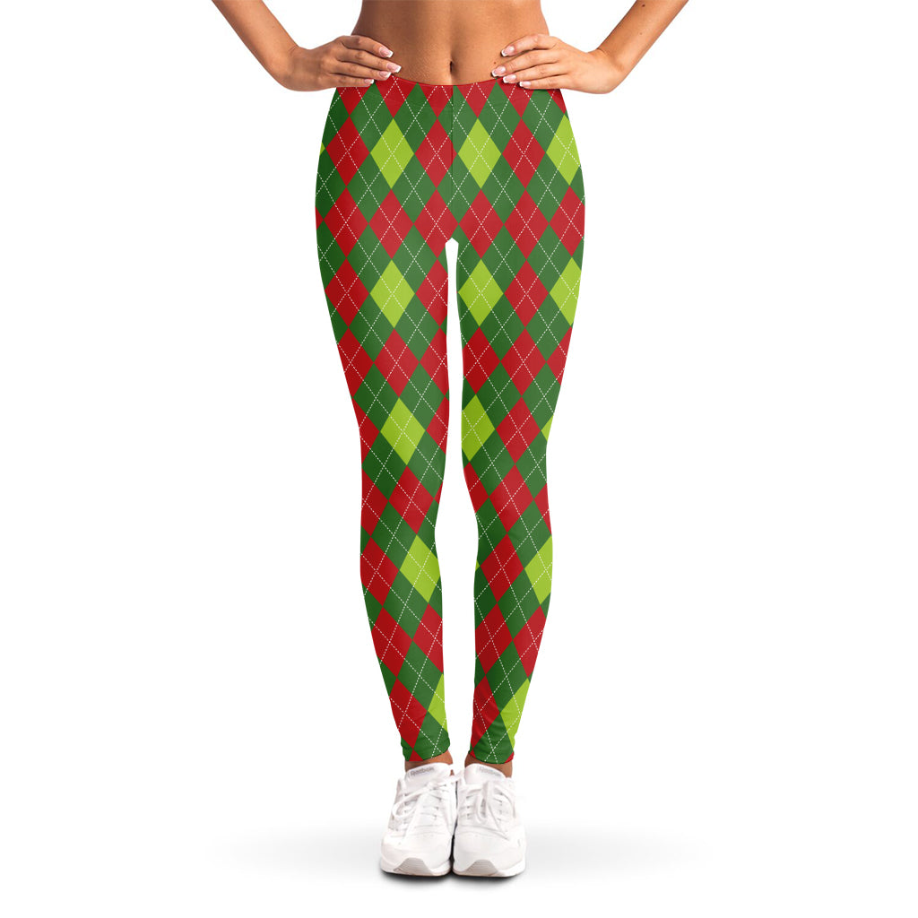 Green And Red Christmas Argyle Print Women's Leggings