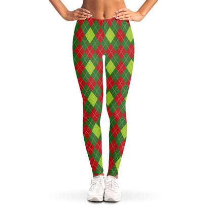 Green And Red Christmas Argyle Print Women's Leggings