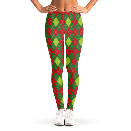 Green And Red Christmas Argyle Print Women's Leggings