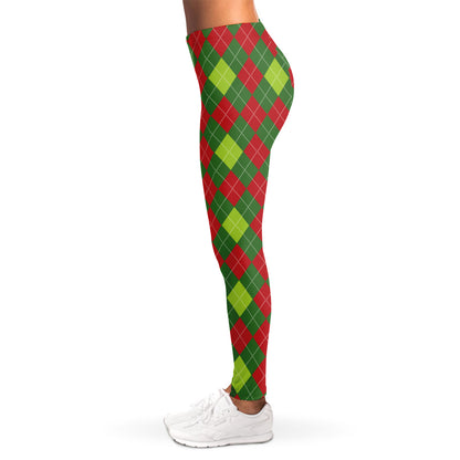 Green And Red Christmas Argyle Print Women's Leggings