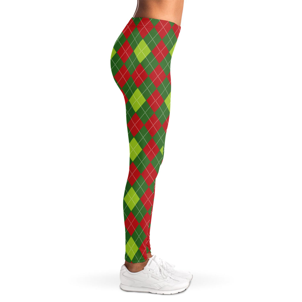 Green And Red Christmas Argyle Print Women's Leggings
