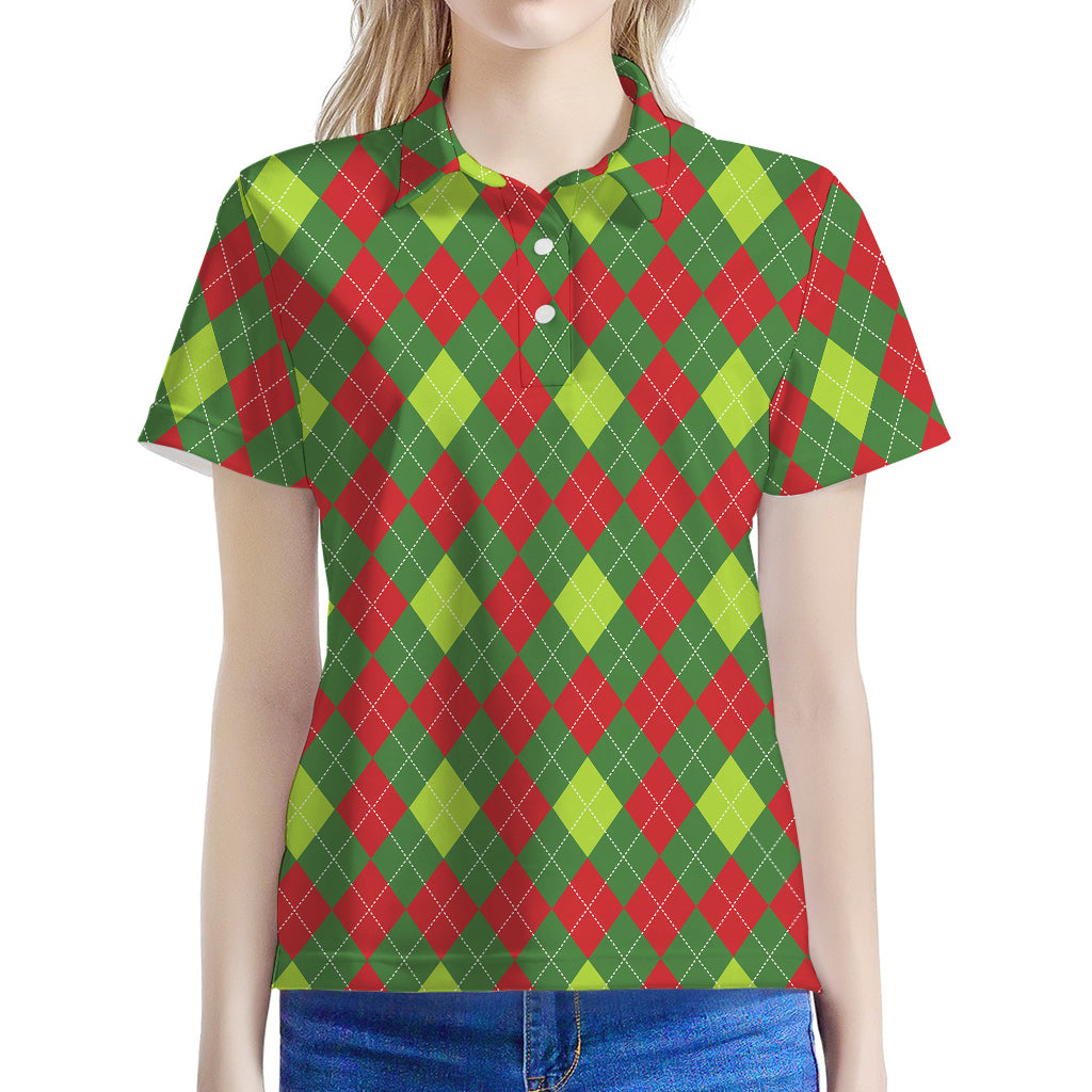 Green And Red Christmas Argyle Print Women's Polo Shirt