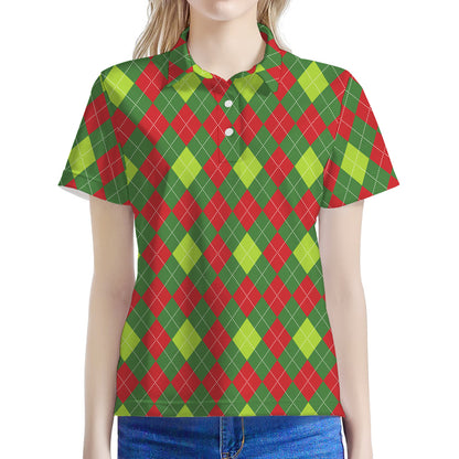 Green And Red Christmas Argyle Print Women's Polo Shirt
