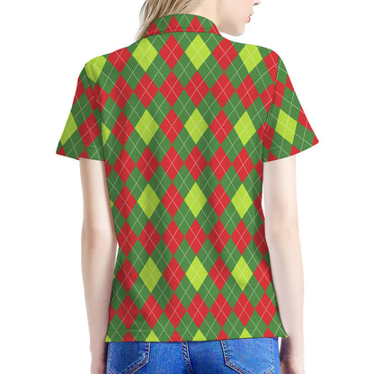 Green And Red Christmas Argyle Print Women's Polo Shirt