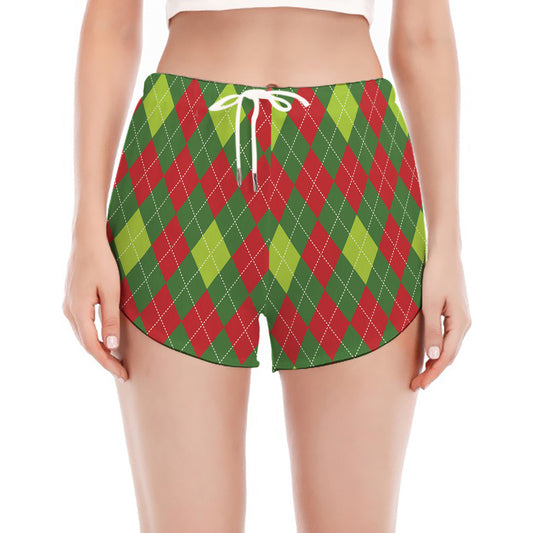 Green And Red Christmas Argyle Print Women's Split Running Shorts