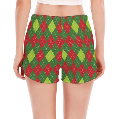 Green And Red Christmas Argyle Print Women's Split Running Shorts