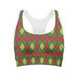 Green And Red Christmas Argyle Print Women's Sports Bra
