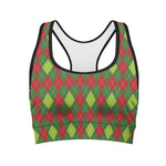 Green And Red Christmas Argyle Print Women's Sports Bra