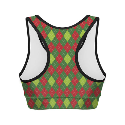 Green And Red Christmas Argyle Print Women's Sports Bra