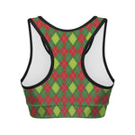 Green And Red Christmas Argyle Print Women's Sports Bra