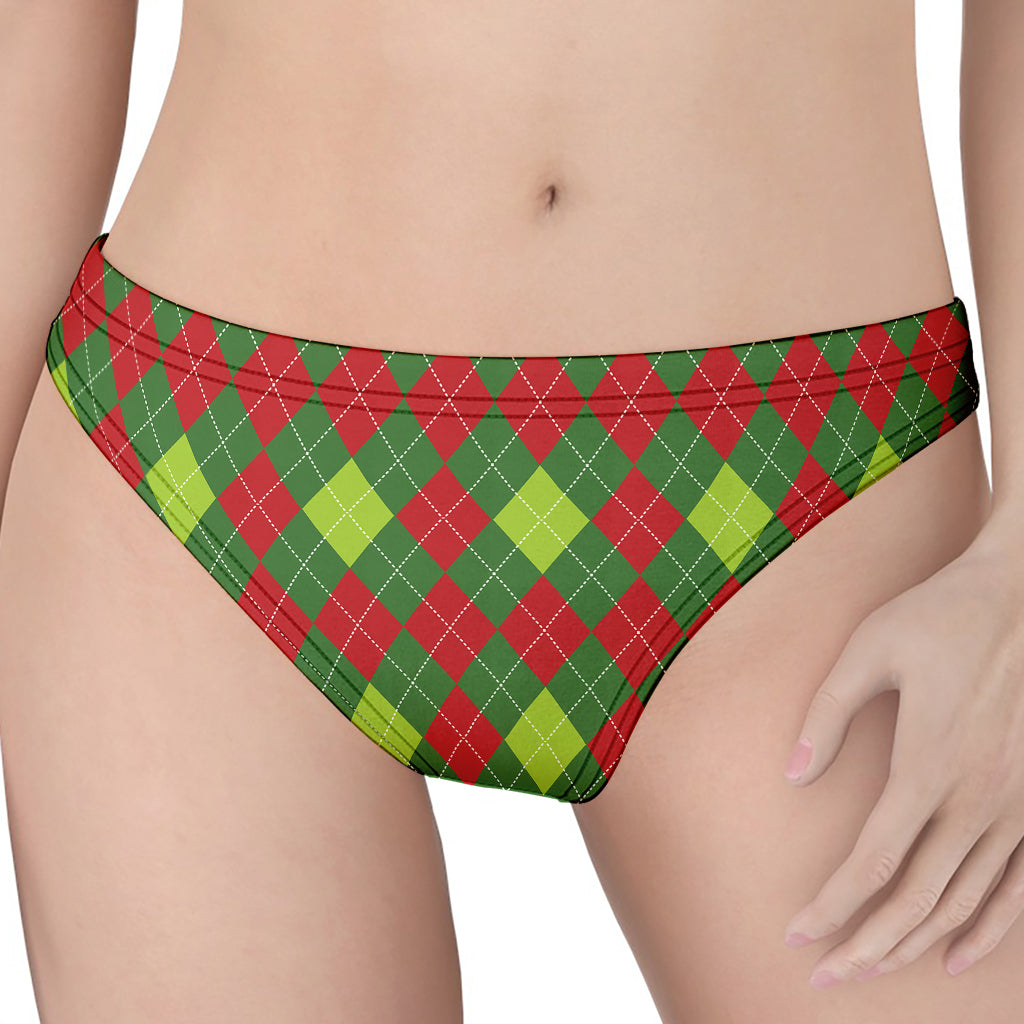 Green And Red Christmas Argyle Print Women's Thong