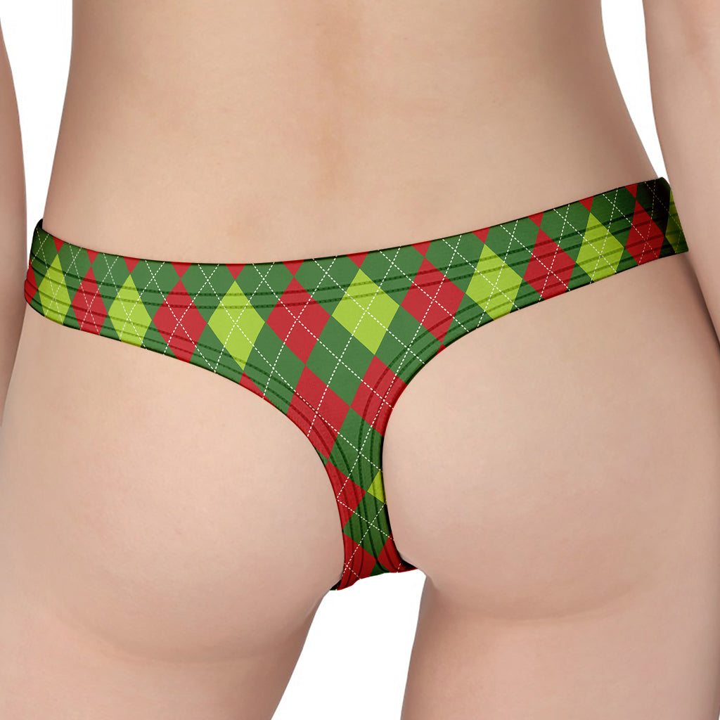 Green And Red Christmas Argyle Print Women's Thong