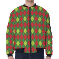 Green And Red Christmas Argyle Print Zip Sleeve Bomber Jacket