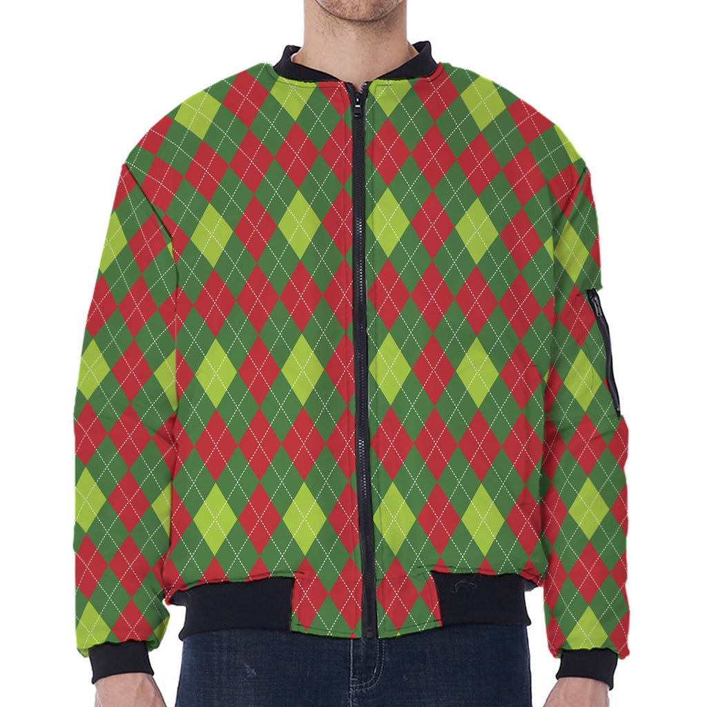 Green And Red Christmas Argyle Print Zip Sleeve Bomber Jacket