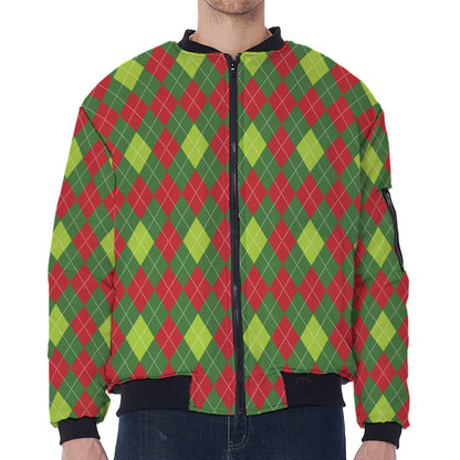 Green And Red Christmas Argyle Print Zip Sleeve Bomber Jacket