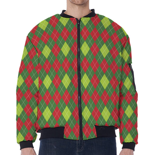Green And Red Christmas Argyle Print Zip Sleeve Bomber Jacket