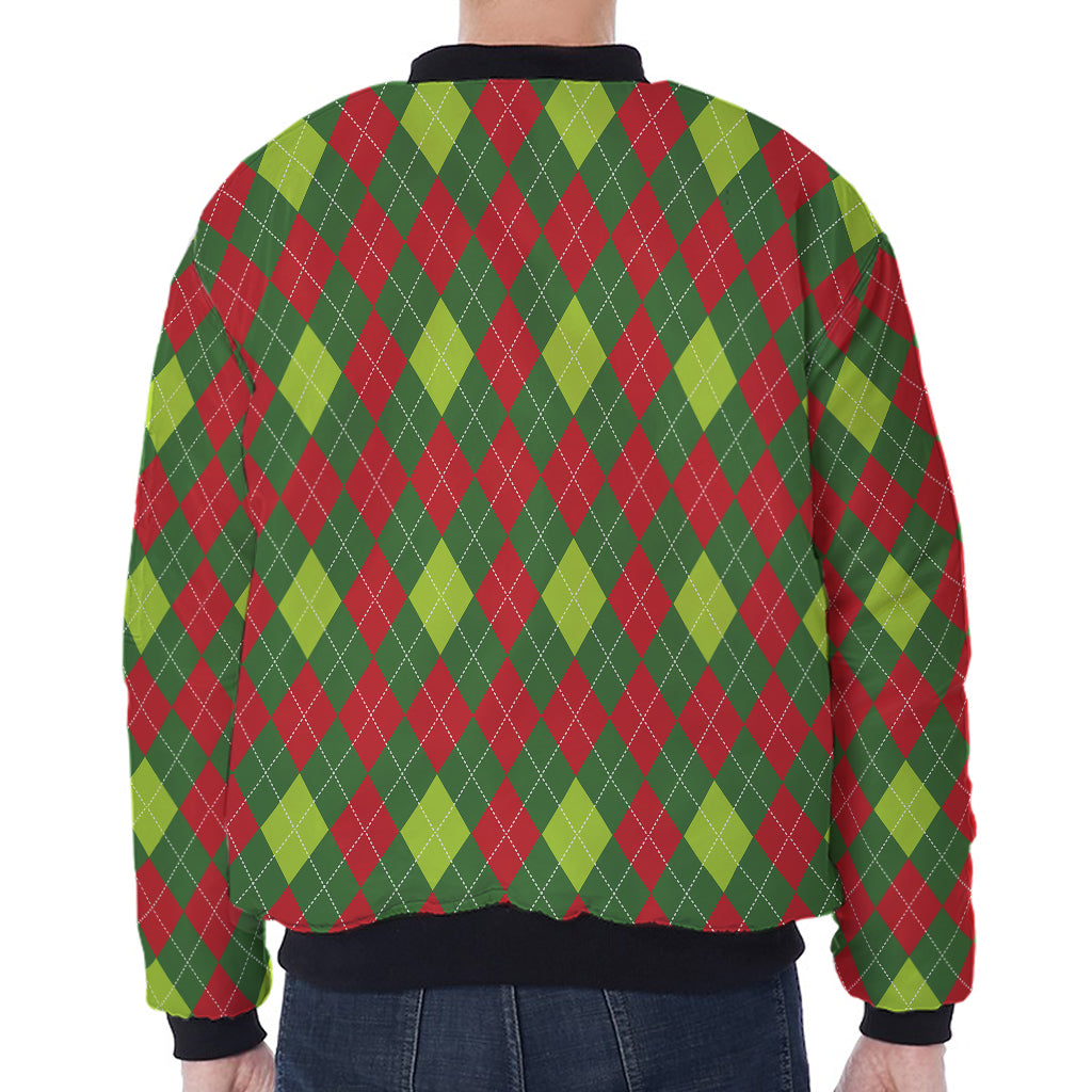 Green And Red Christmas Argyle Print Zip Sleeve Bomber Jacket