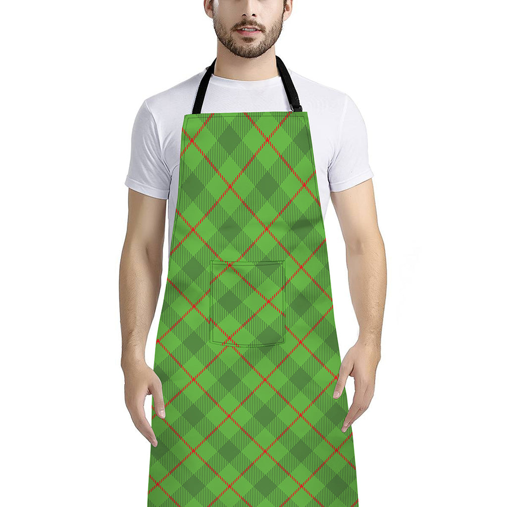 Green And Red Plaid Pattern Print Bib Apron With Pocket