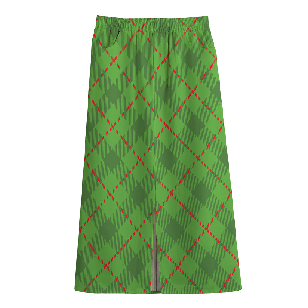 Green And Red Plaid Pattern Print Cotton Front Slit Maxi Skirt