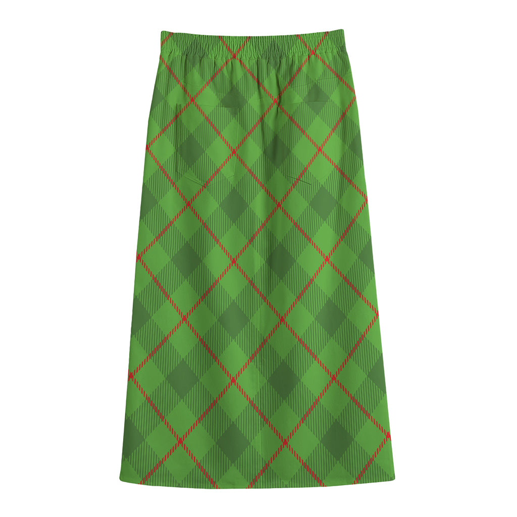 Green And Red Plaid Pattern Print Cotton Front Slit Maxi Skirt