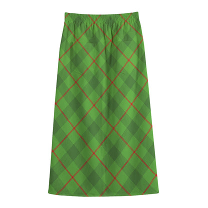 Green And Red Plaid Pattern Print Cotton Front Slit Maxi Skirt