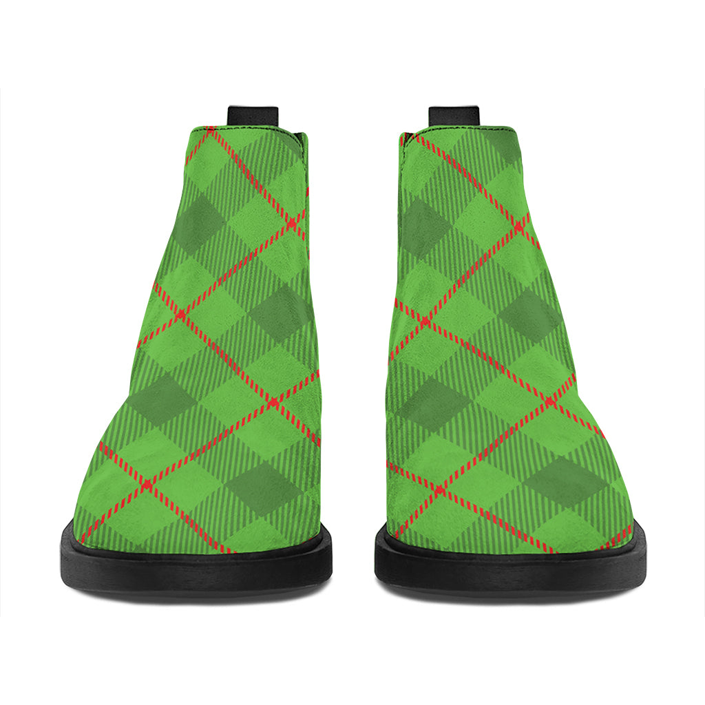 Green And Red Plaid Pattern Print Flat Ankle Boots