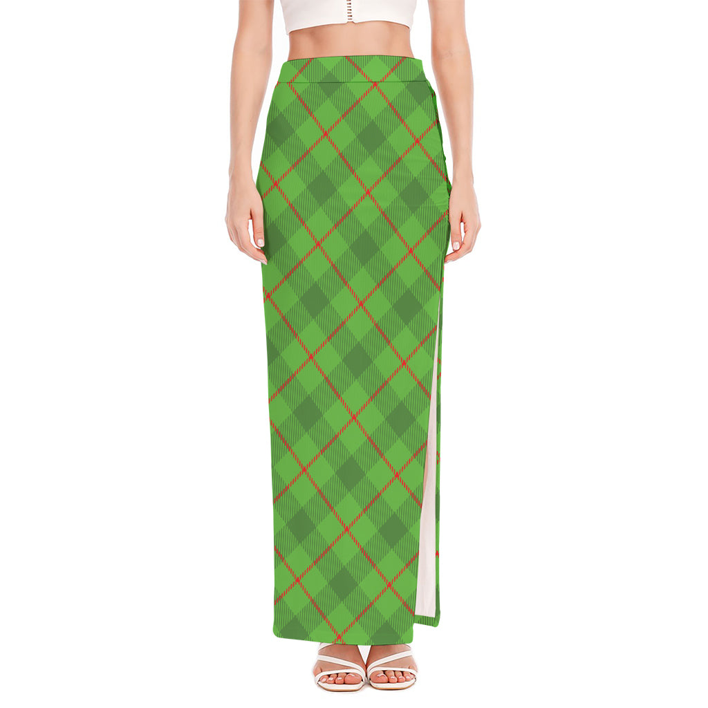 Green And Red Plaid Pattern Print High Slit Maxi Skirt