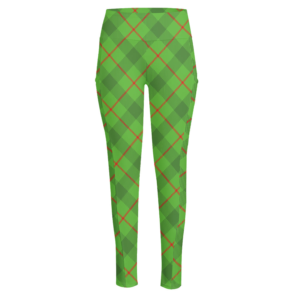 Green And Red Plaid Pattern Print High-Waisted Pocket Leggings