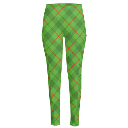 Green And Red Plaid Pattern Print High-Waisted Pocket Leggings