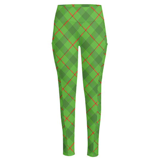 Green And Red Plaid Pattern Print High-Waisted Pocket Leggings