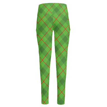 Green And Red Plaid Pattern Print High-Waisted Pocket Leggings