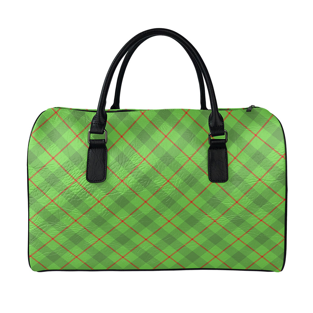 Green And Red Plaid Pattern Print Leather Duffle Bag
