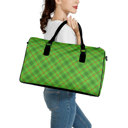 Green And Red Plaid Pattern Print Leather Duffle Bag
