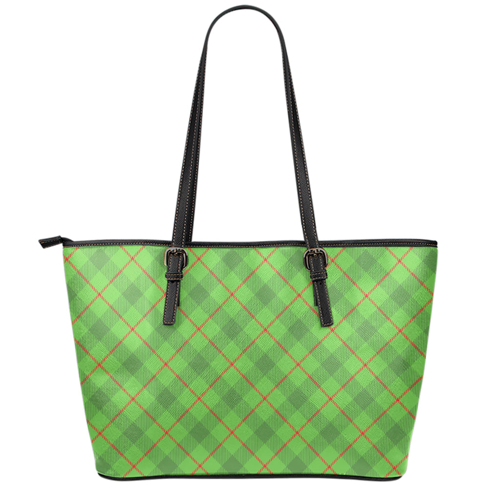 Green And Red Plaid Pattern Print Leather Tote Bag