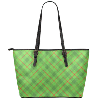 Green And Red Plaid Pattern Print Leather Tote Bag