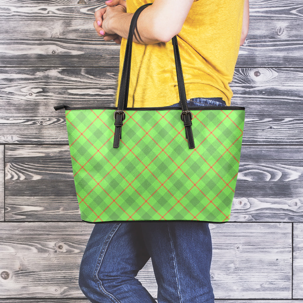 Green And Red Plaid Pattern Print Leather Tote Bag