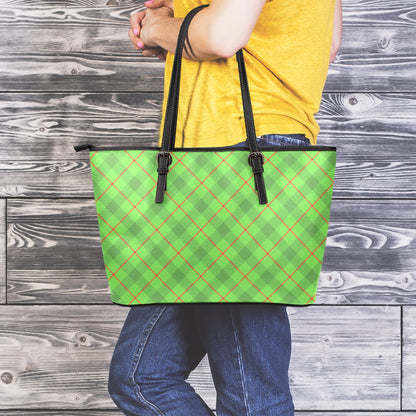 Green And Red Plaid Pattern Print Leather Tote Bag