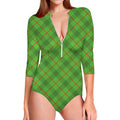Green And Red Plaid Pattern Print Long Sleeve Swimsuit
