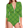 Green And Red Plaid Pattern Print Long Sleeve Swimsuit