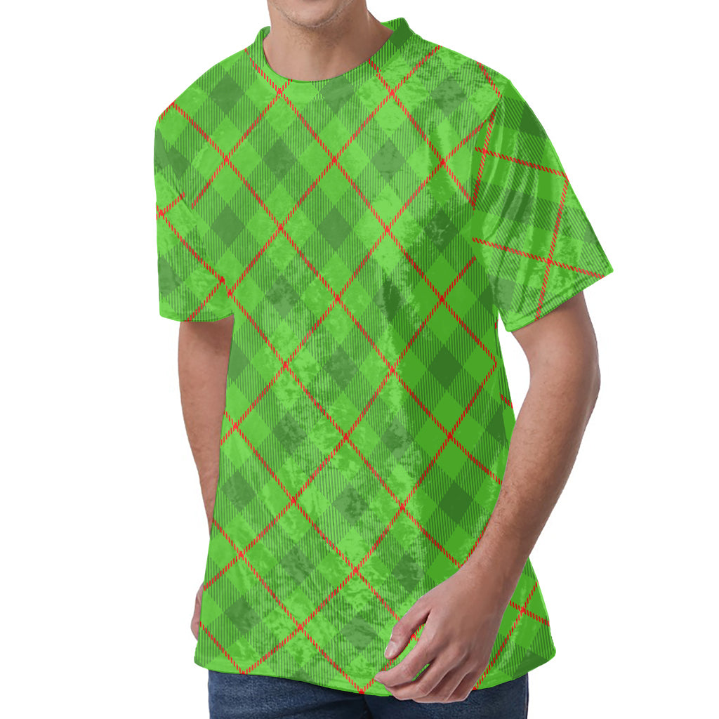 Green And Red Plaid Pattern Print Men's Velvet T-Shirt